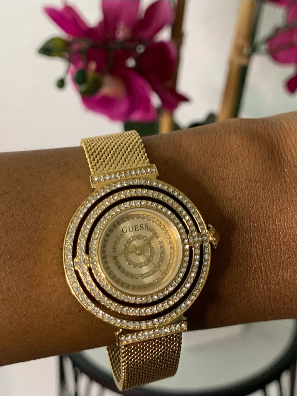 GUESS Dream Gold-Tone Crystal-Embellished Mesh Bracelet Watch